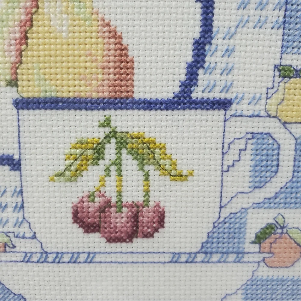 Cross-stitch Framed Art Place Setting and Bowl Of Fruit